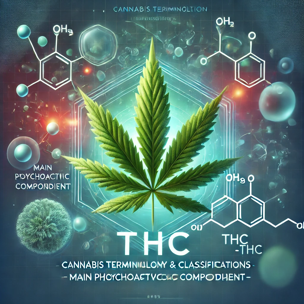 DALL·E 2025 02 07 06.48.42 A modern and professional blog cover image for the article titled Cannabis Terminology Classifications Main Psychoactive Component – THC. The ima